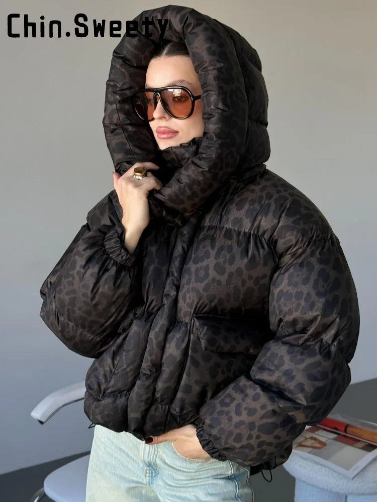 Casual Leopard Print Hooded Puffer Jacket For Women