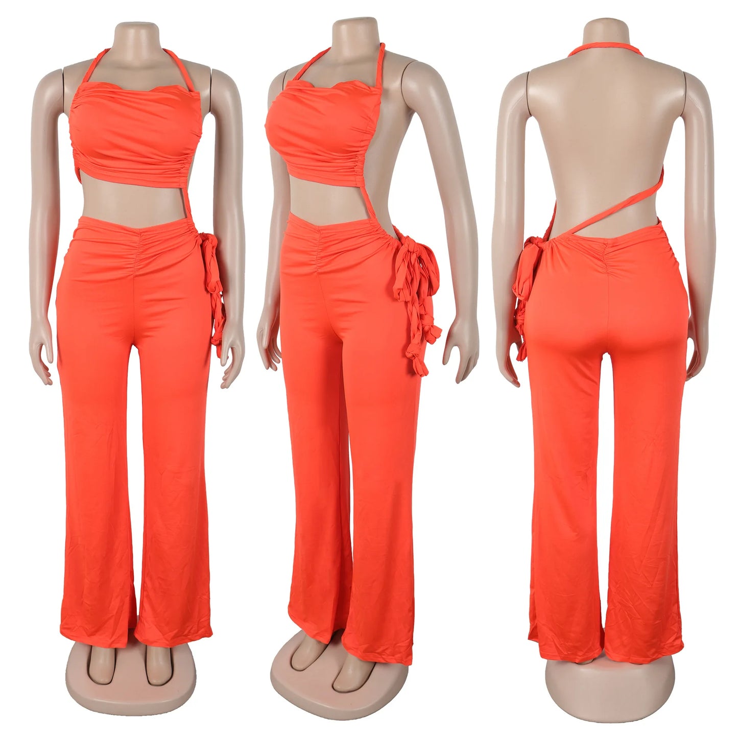 FAGADOER Sexy Ruched Patchwork Bodycon Jumpsuits For Woman Halter Sleeveless Wide-leg Romper Female Streetwear Overalls 2025 New