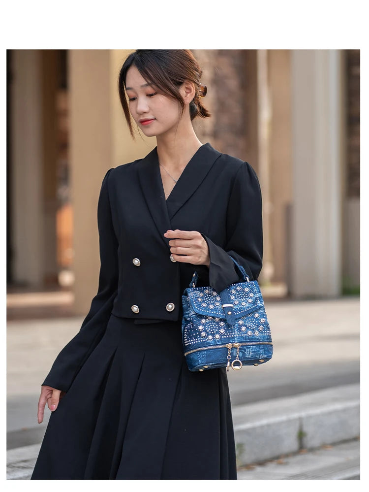 Diamond Embellished Denim Multiway Backpack for Women