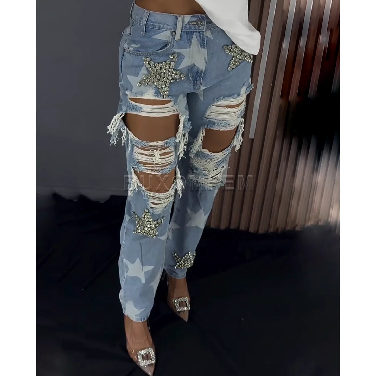 Loose Fit Baggy Wide Leg Denim Jeans Full Length for Women