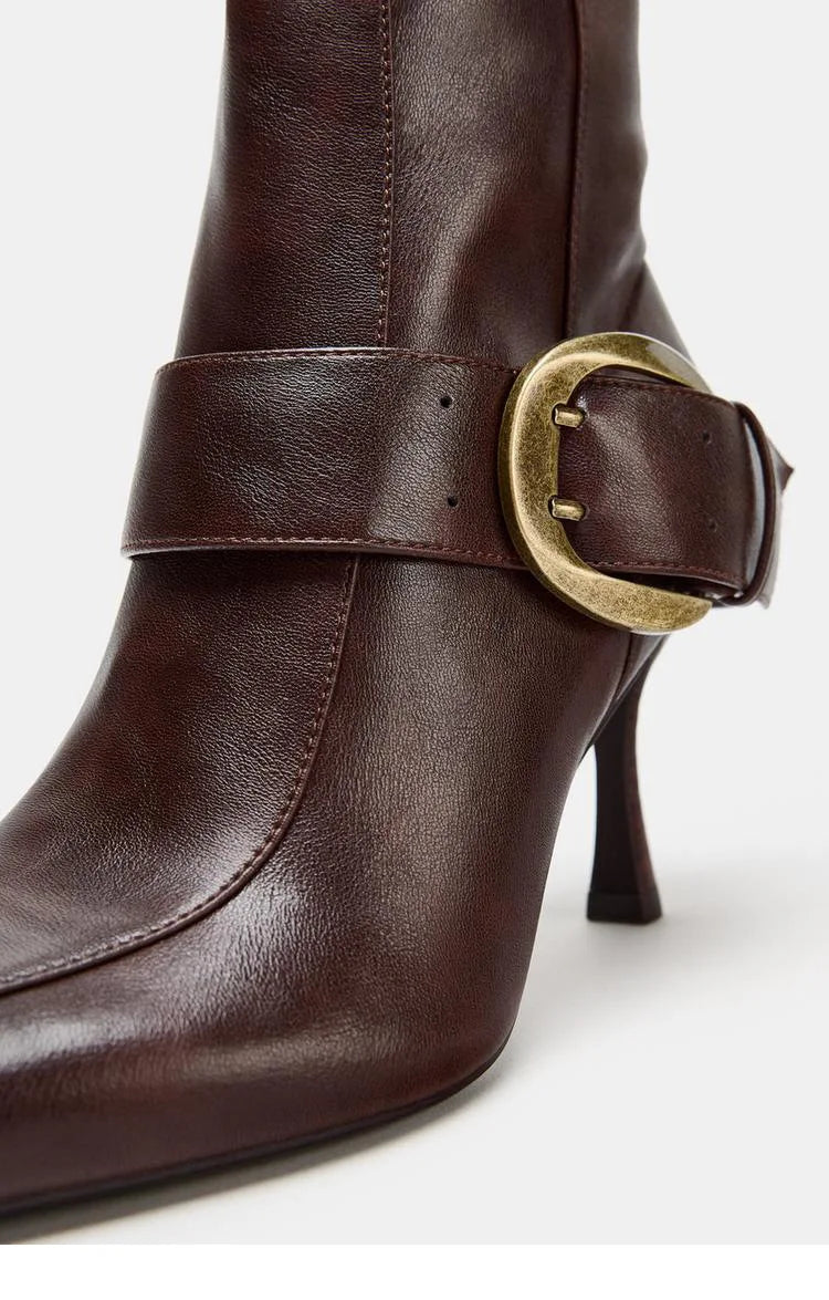 Elegant Pointed Toe Metal Buckle Mid Calf Boots for Women