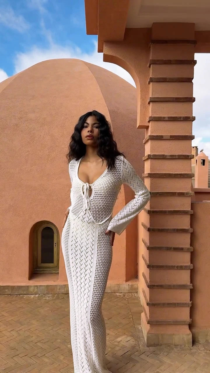 Women Sexy White Knit Swimsuit Cover Up Deep V-neck Tie Hollow Out Long Sleeve Beach Maxi Dress 2025 Summer Holiday Outfit K186