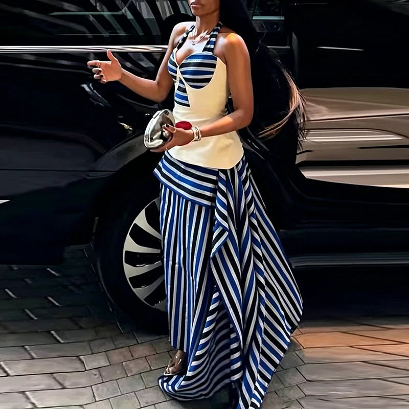 Striped Vacation Halter Backless Top and Half Skirt Set for Women