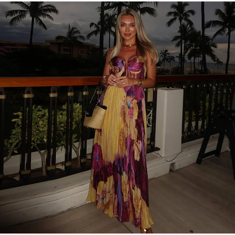 Elegant Floral Print Pleated Floor Length Dress For Women
