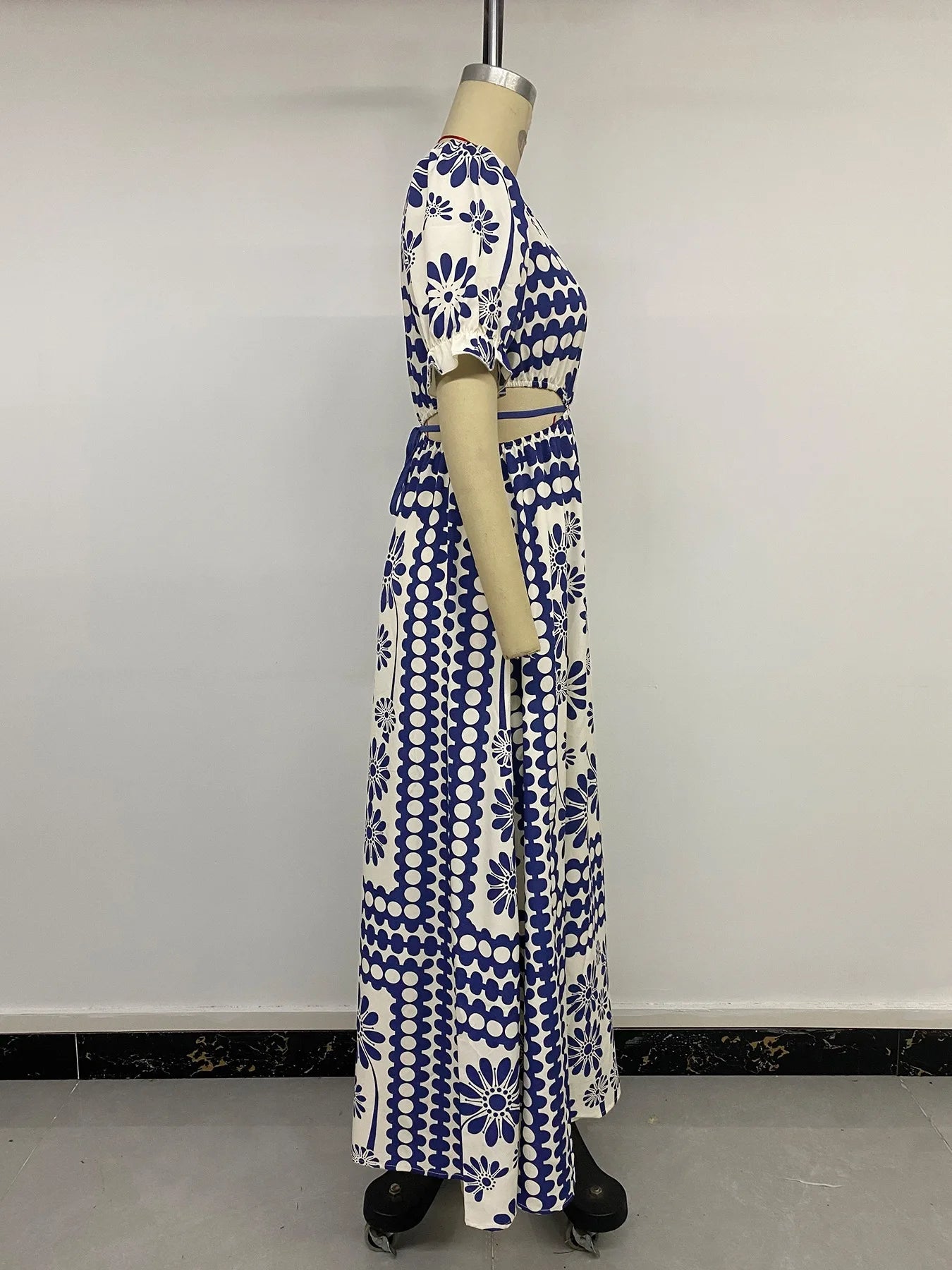 Elegant Retro Print High Waist Hollow Out Midi Dress for Women