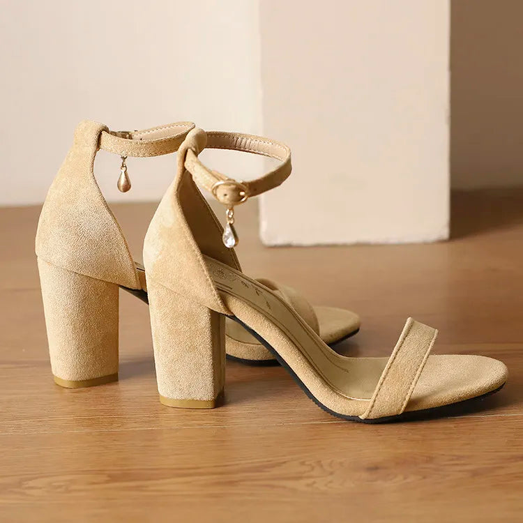 Beige Suede Rhinestone Block Heel Sandals