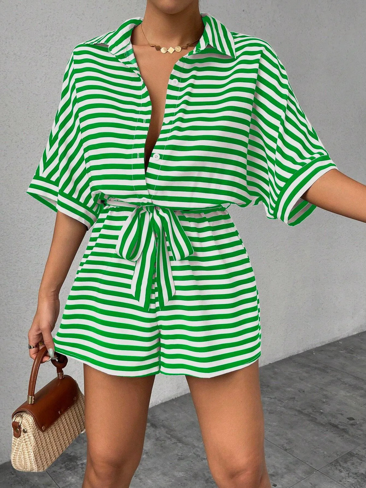 Casual Striped Batwing Sleeve Top And Shorts Set For Women