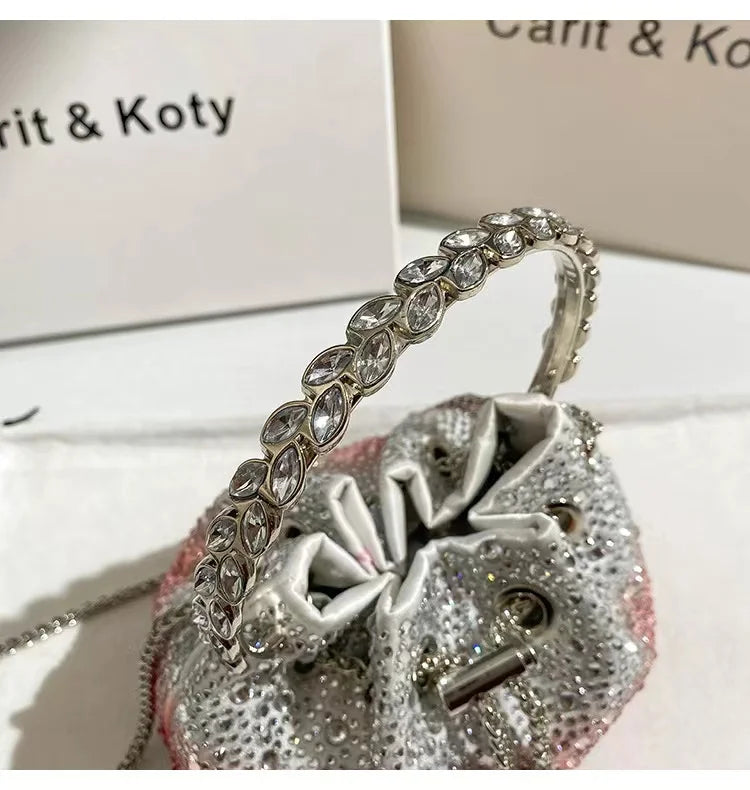 Crystal Shiny Diamonds Bucket Bag Fashion Women Handbag Metal Ring Handle Evening Bag Wedding Party Clutch Purse Crossbody Bag