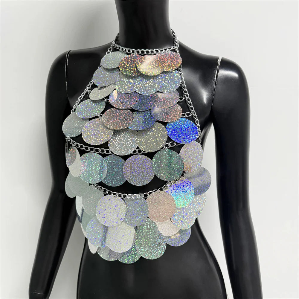 Shimmering Sequin Halter Tassel Crop Top for Women