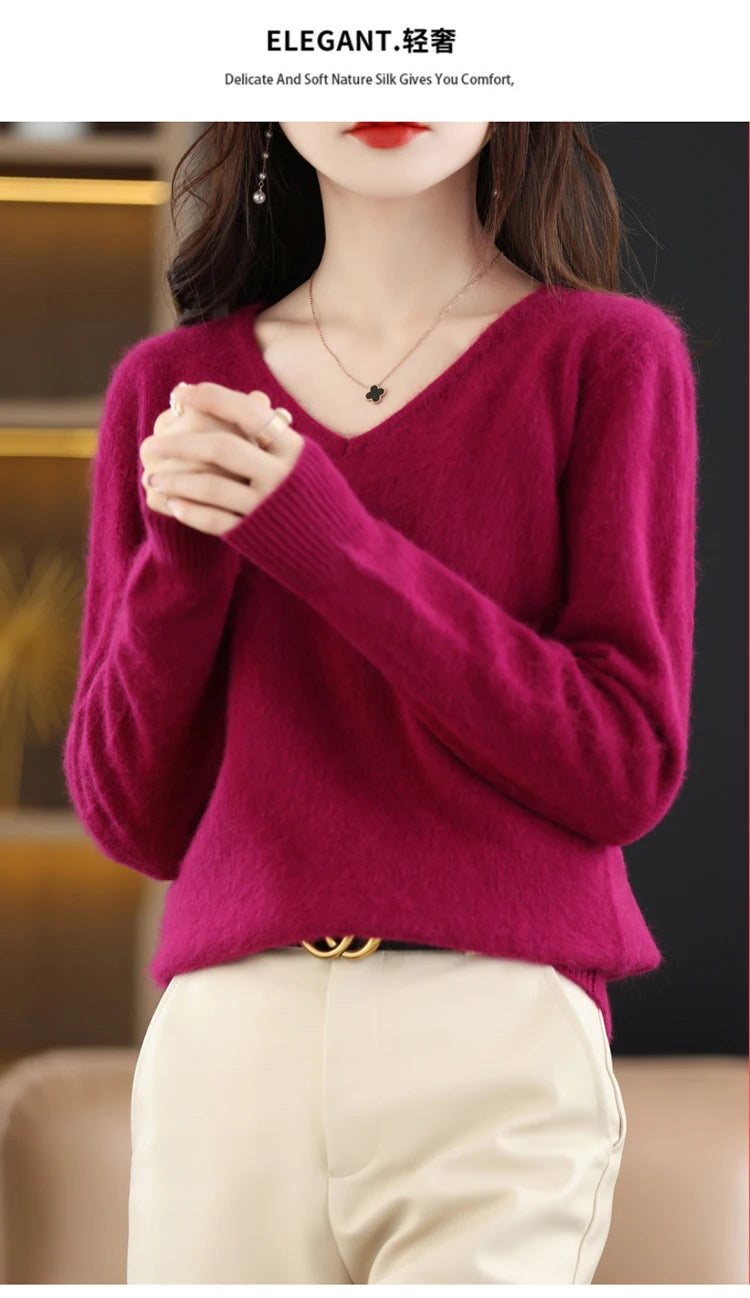 Soft Warm Loose Fit V Neck Cashmere Sweater for Women