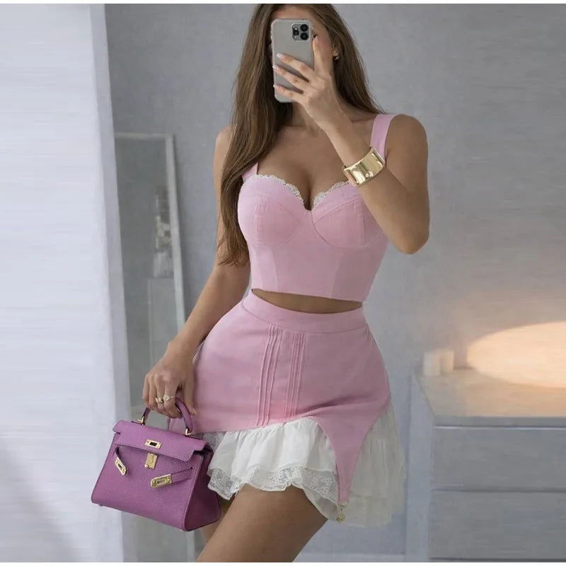 Patchwork Lace Sleeveless Mini Skirt And Camisole Set for Women