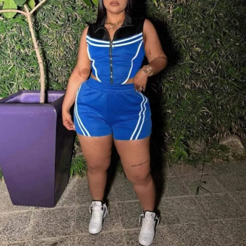 FAGADOER Casual Stripe Patchwork 2 Pieces Set for Woman Sleeveless Zipper Top and Pockets Shorts Outfits Female Sportywear New