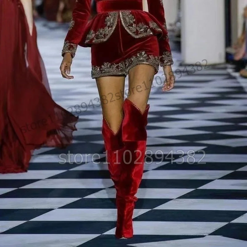 Rose Red Corduroy Lacework Pointed Toe Over The Knee Boots For Women