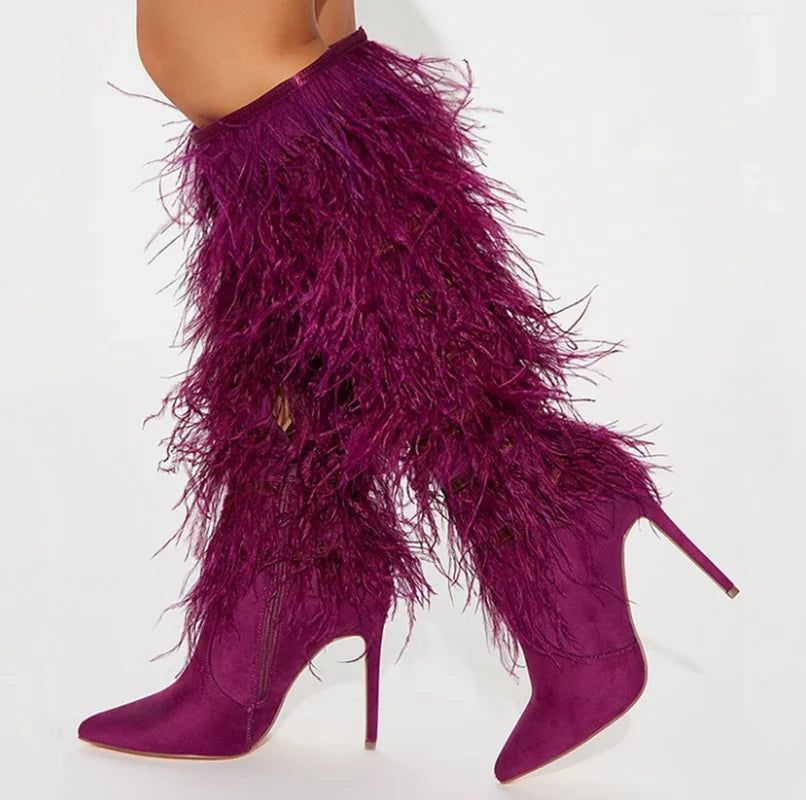 Magenta Suede Fluffy Fringe Stiletto Knee High Boots For Women