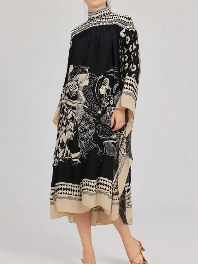 Retro Print Three Quarter Sleeve Midi Dress for Women