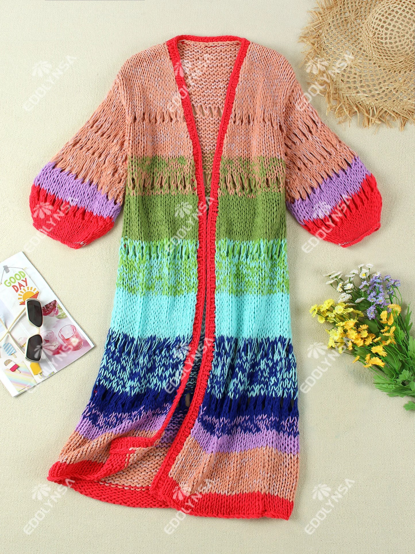 Boho Colorful Luxuriously Handknit Bell Sleeve Crochet Loose Kimono Cardigan 2024 Women Fall Winter Coat Beach Coverup Dress K12