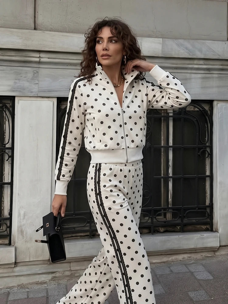 Elegant Polka Dot Pantsuit Stand Collar with Wide Leg for Women