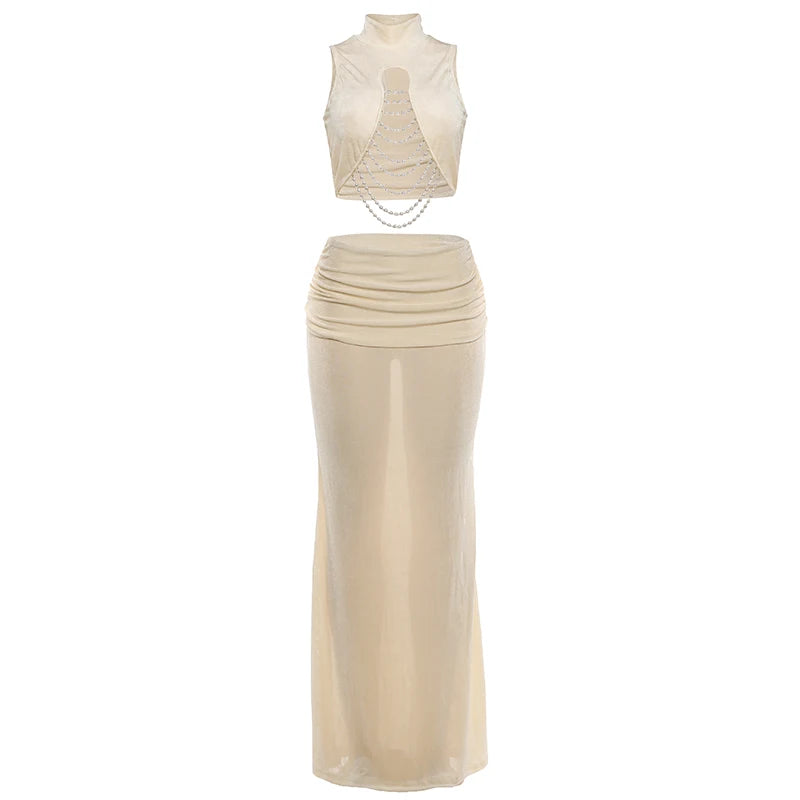 Nibber Prom Party 2 Piece Set Women Sexy Bead Patchwork Turtleneck Tank Top+Ruched Mesh Hem Skirts Chic Elegant Banquet Clubwear