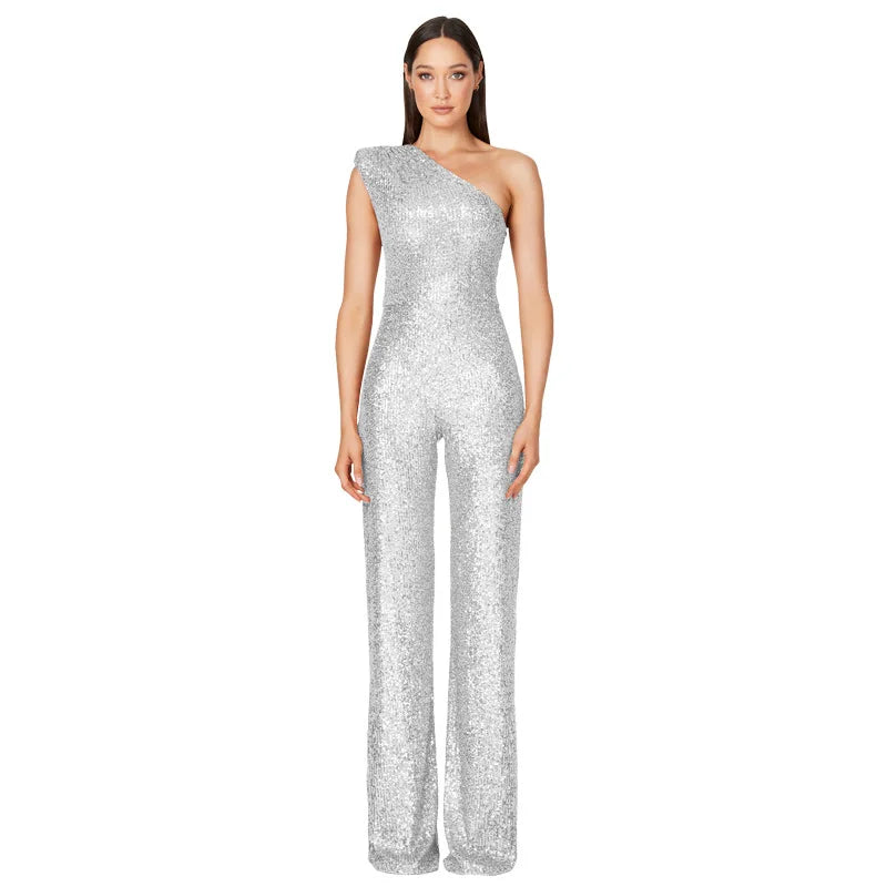 Sequined One Shoulder Wide Leg Jumpsuit