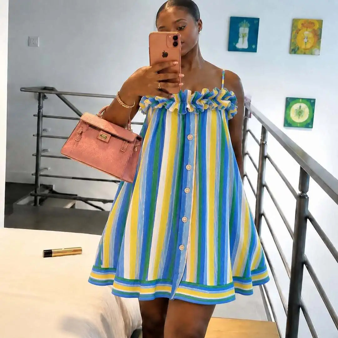 Lightweight Thin Strap Ruffle Trim Striped Mini Dress for Women