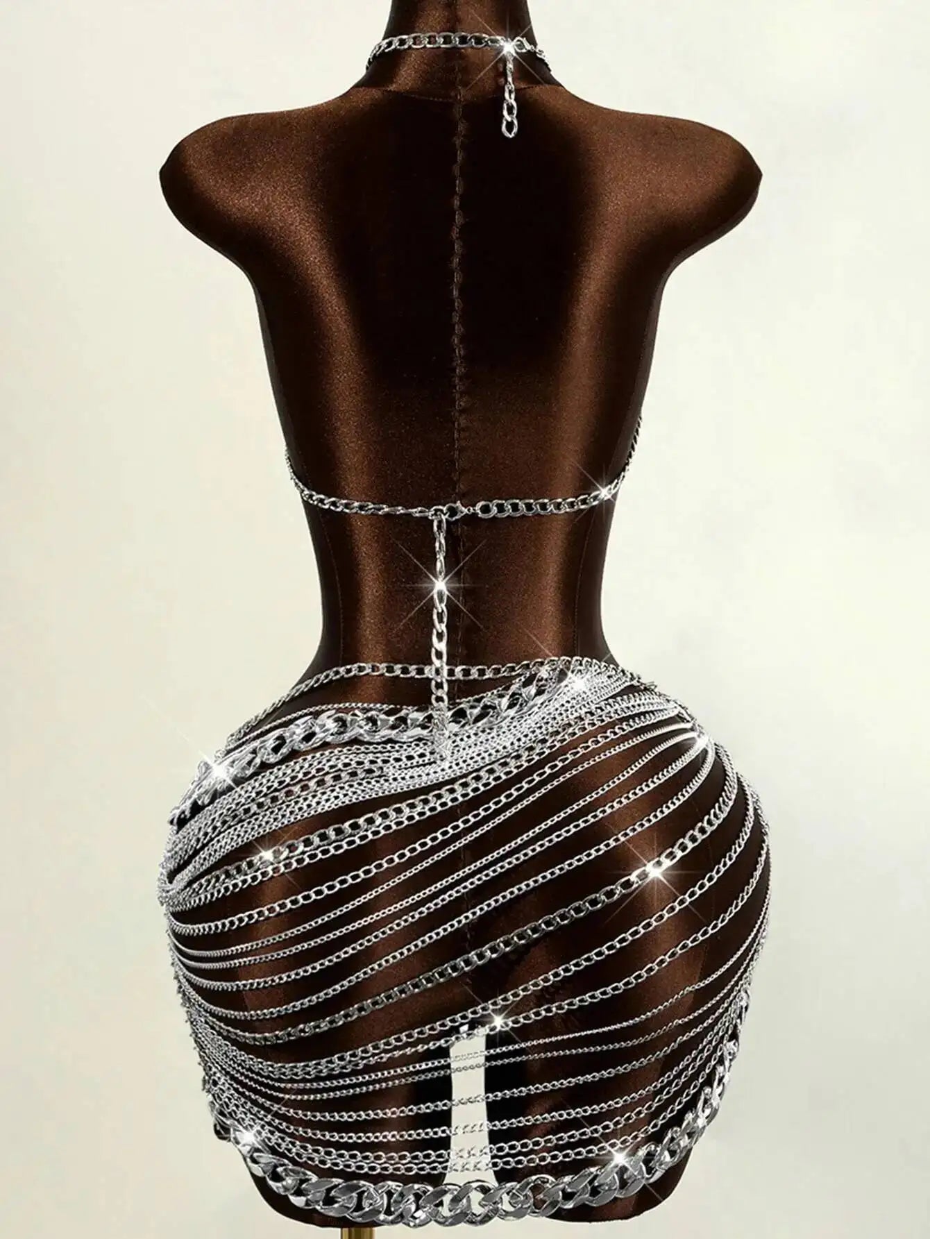 Sheer Metal Chain Backless Mini Dress Party Clubwear for Women