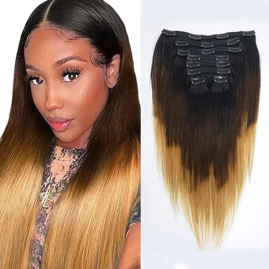 Straight Ombre Color T1B/4/27 Clip in Human Hiar Extensions for Black Women Brazilian Human Hair 8Pcs 120g/set 18 Inch #1B/4/27