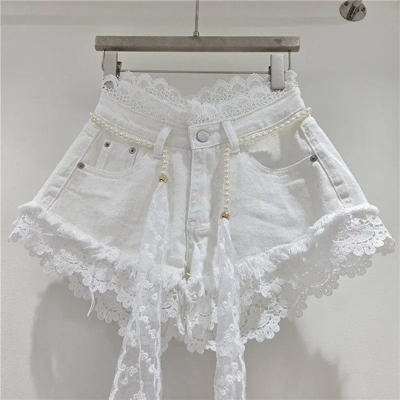 Casual High Waisted Crochet Lace Denim Shorts For Women