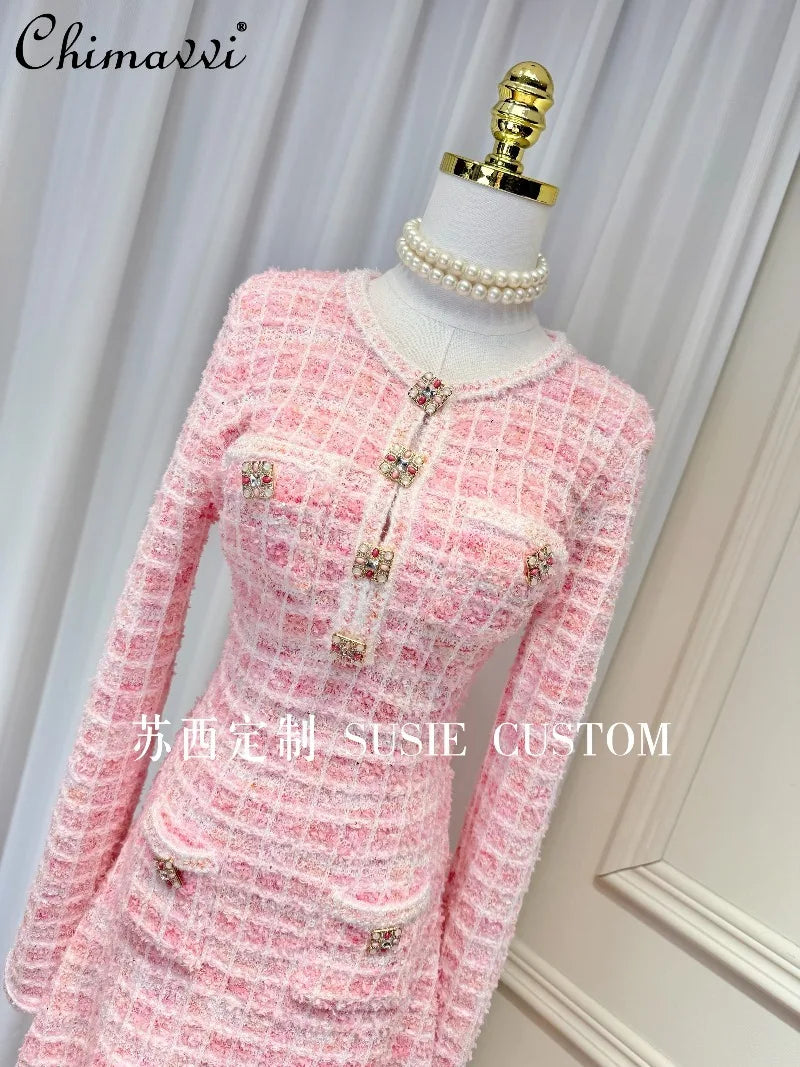 High-end French Heavy Color Diamond Button Plaid Knitted Round Neck Long Sleeve Dress Fashion Round Neck Elegant Sweater Dress