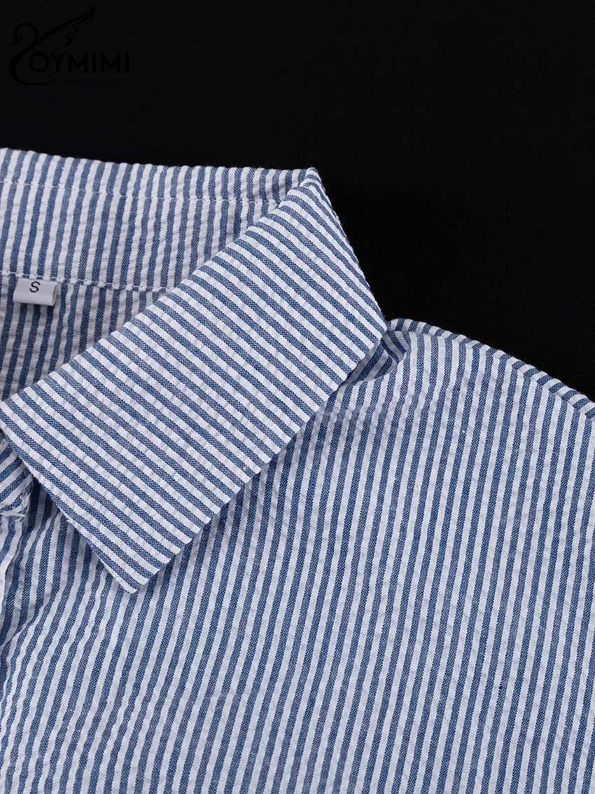 Oymimi Casual Dark Blue Print Women's Two Pieces Set Elegant Long Sleeve Button Shirt And Low Waist Straight Trousers Female Set