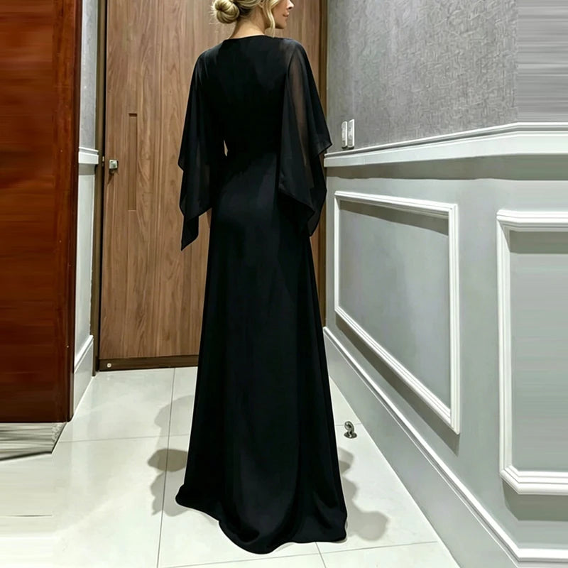Elegant O-neck Cover Up Playsuit Match Off Shoulder Romper Women Fashion Chiffon Overalls Long Sleeve Solid Wide Legger Jumpsuit