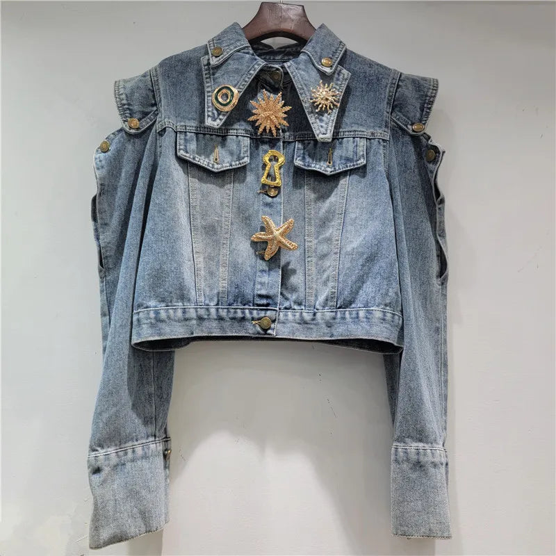 Hollow Out Short Denim Jacket With Metal Buckle Buttons For Women