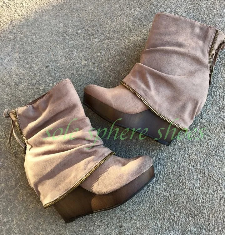 Vintage Suede Pleated Wedge Ankle Boots with Back Zipper for Women