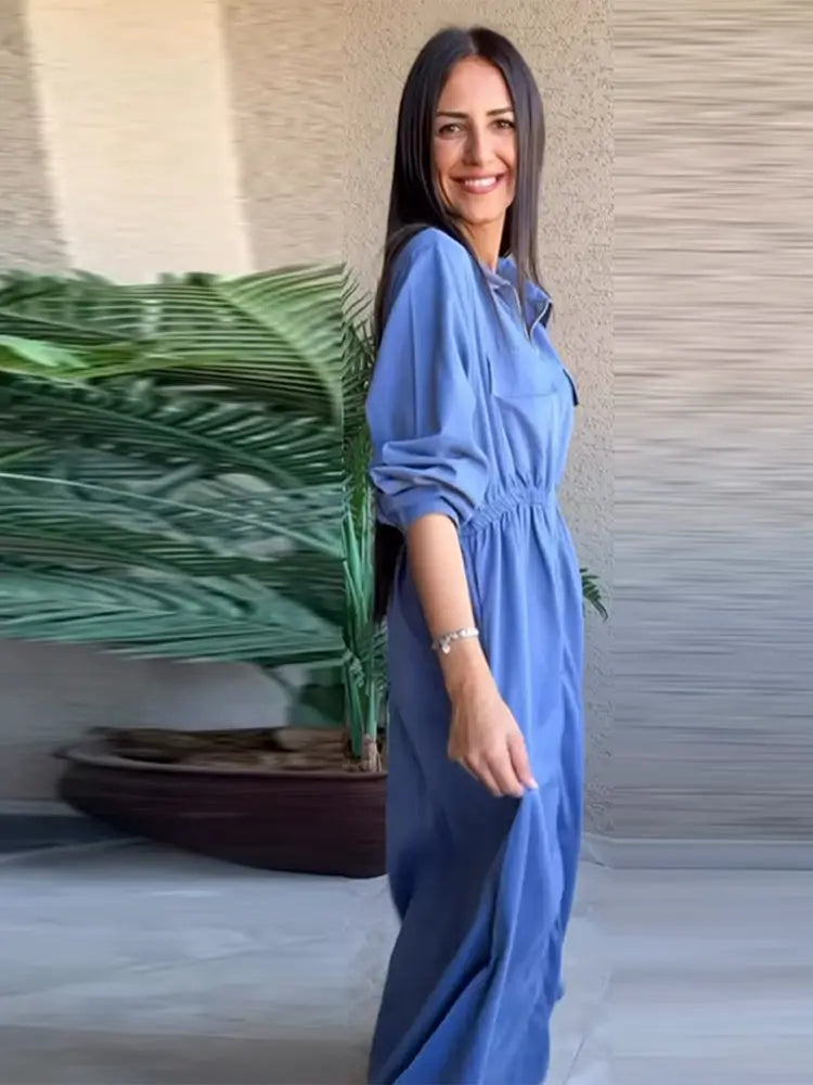 Women's Fashion Zipper Waist Long Dress Casual Solid Laple Full Sleeve A-line Long Robe Lady 2025 Autumn Chic Loose Streetwear