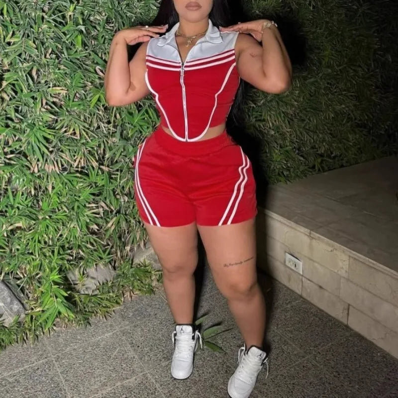 FAGADOER Casual Stripe Patchwork 2 Pieces Set for Woman Sleeveless Zipper Top and Pockets Shorts Outfits Female Sportywear New