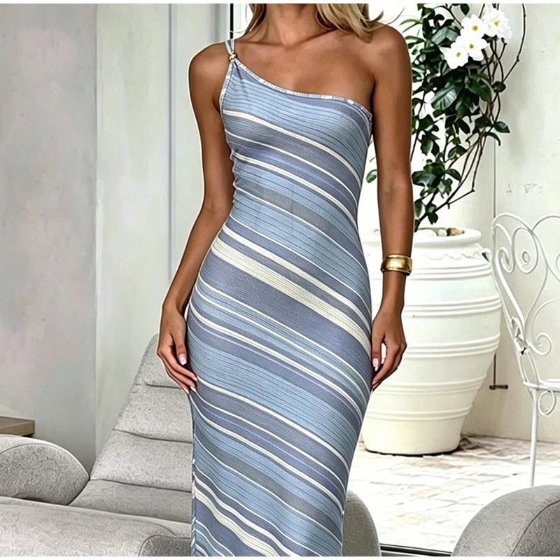 Elegant One Shoulder Printed Mid-Calf Dress for Women
