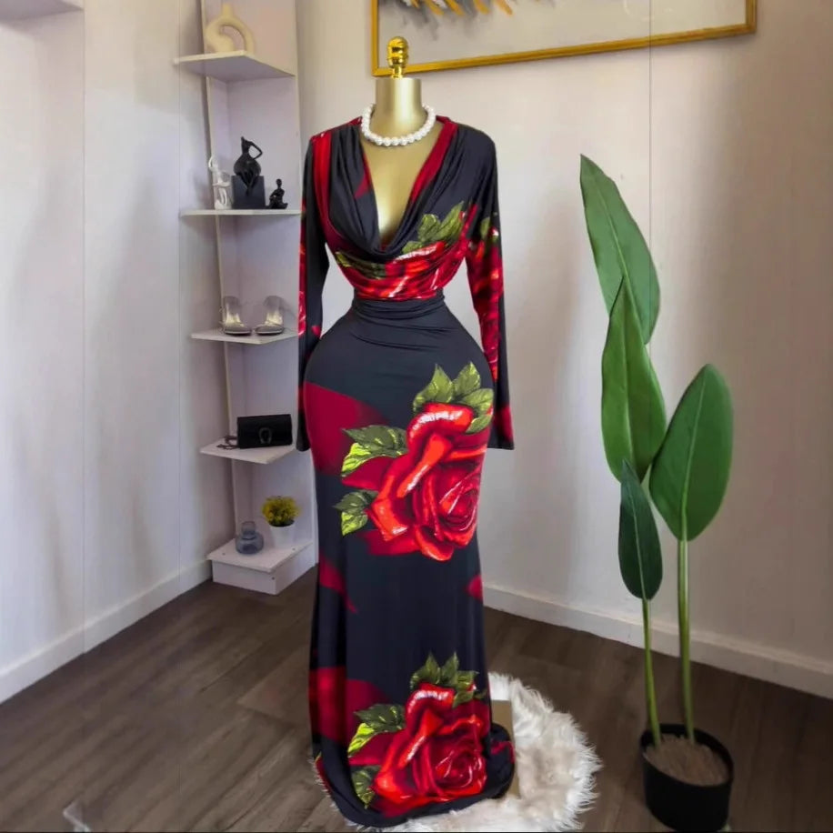 Elegant Pleated O Neck Long Sleeve Maxi Dress For Women