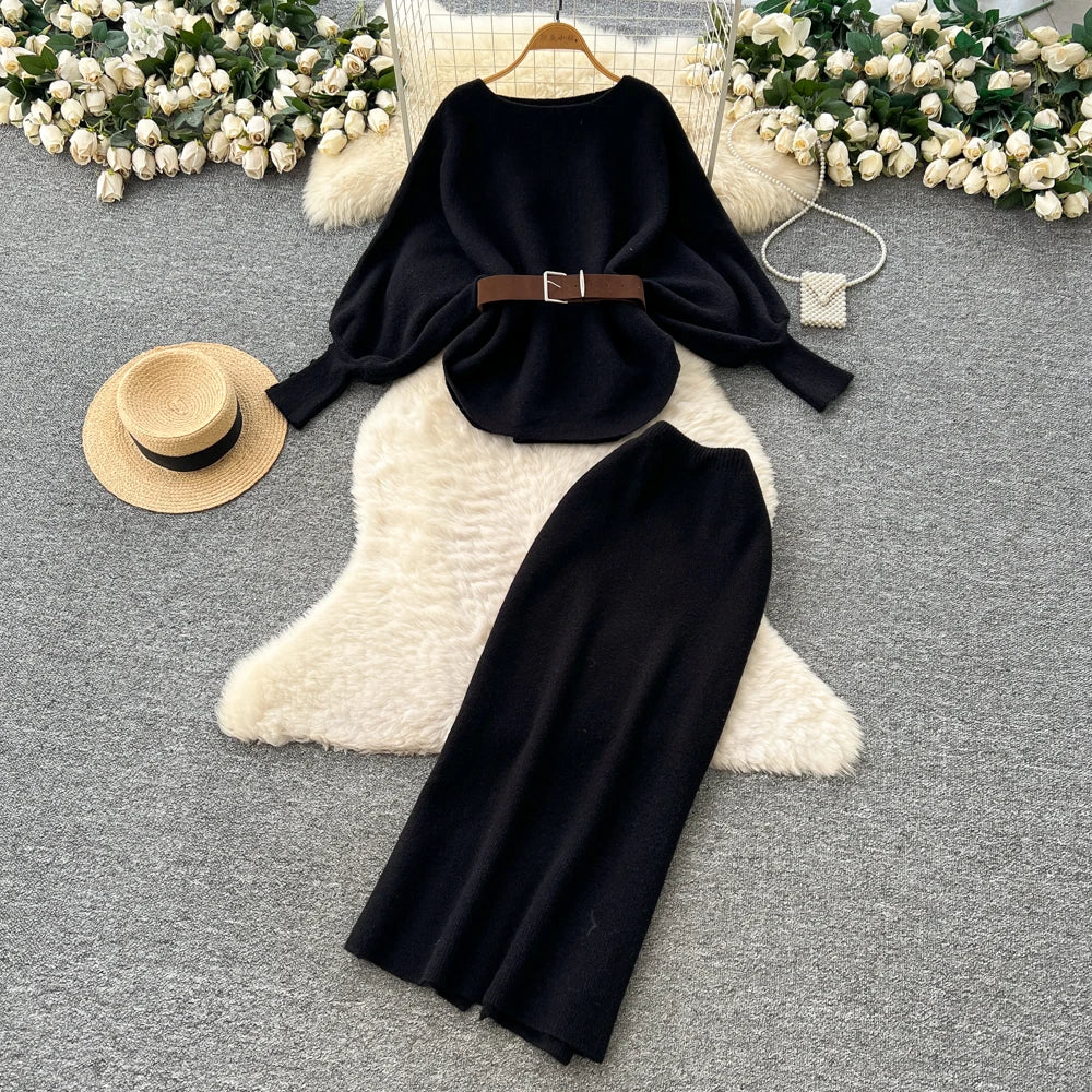 Batwing Sleeve Knit Top and High Waist Skirt Set for Women