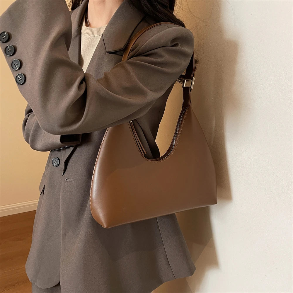 Minimalist Pure Color Polyurethane Leather Shoulder Bag for Women