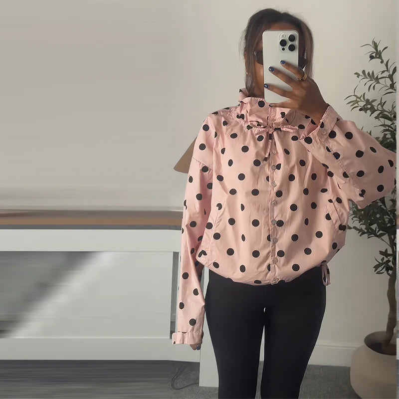 Polka Dot Lace Up Stand Collar Single Breasted Jacket for Women