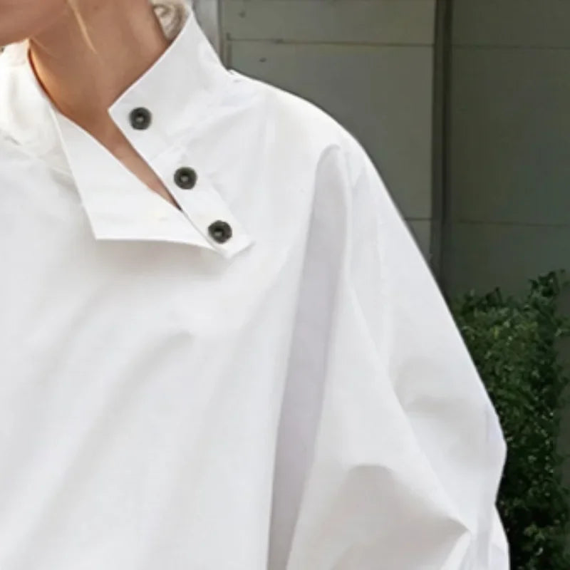 Beautyblue Women's Ubran Blouses White Shirts Tops Fashion Cotton Stand Collar Loose Long Sleeves Buttons Simple Women Clothing