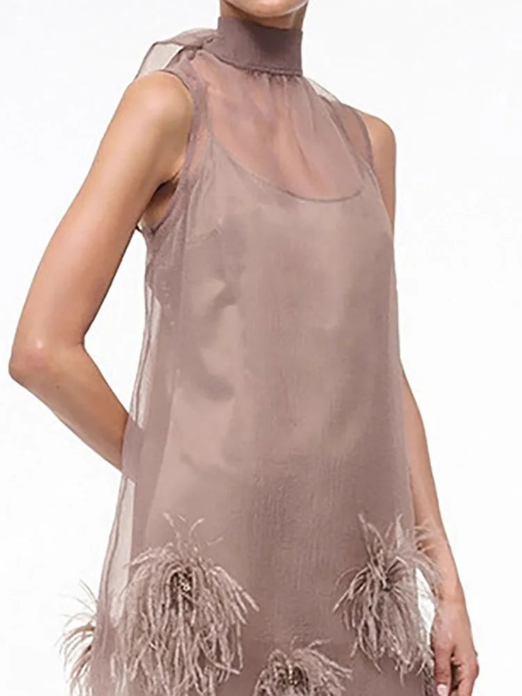 Women Casual Stand Collar Sleeveless Vest Dress Sexy Bow Tie Up Solid Color A-line Dress Elegant Tassel Patchwork Banquet Dress