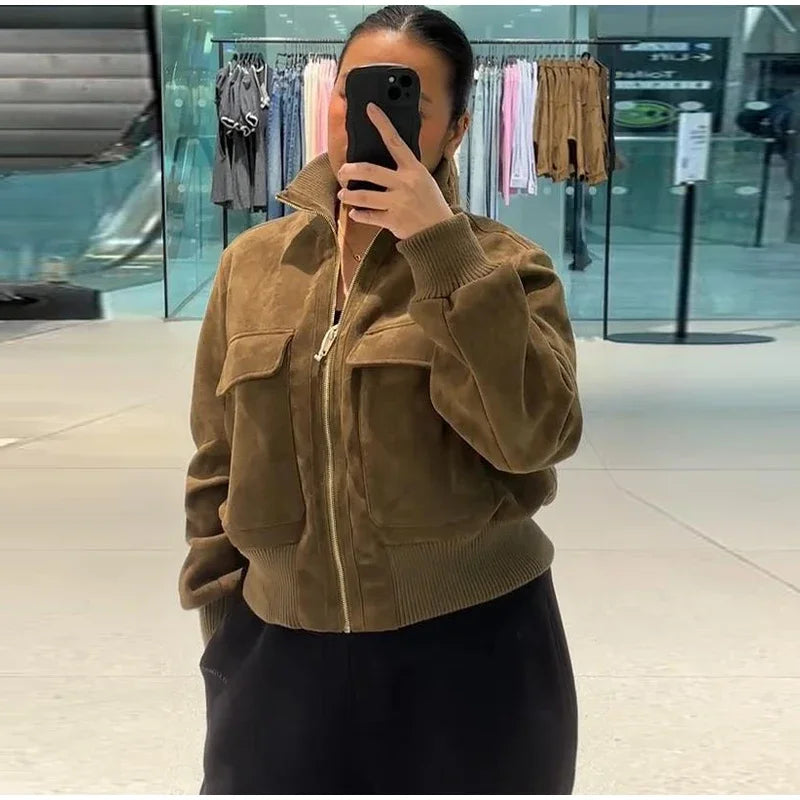 Vintage Suede Long Sleeve Jacket with Pockets for Women