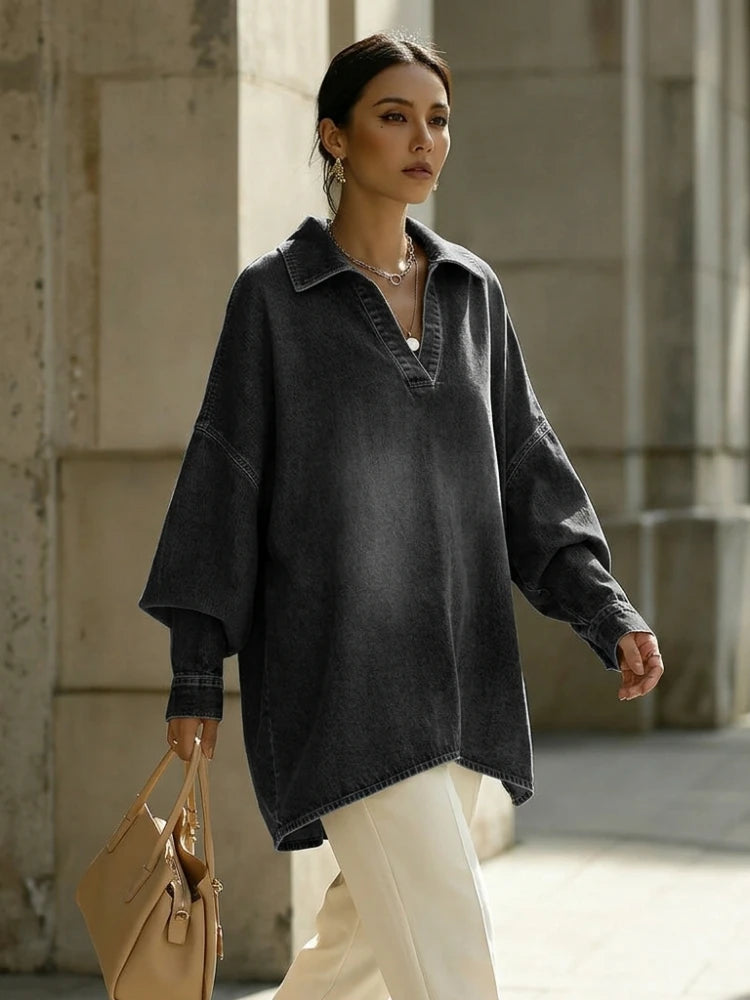 Bonboho Women's Light Blue Washed V-Neck Oversized Denim Shirt 2026 Summer Elegant Casual Blouse for Office & Vacation