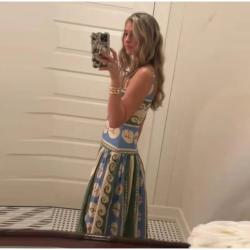 Printed Sleeveless Backless V Neck Midi Dress for Women
