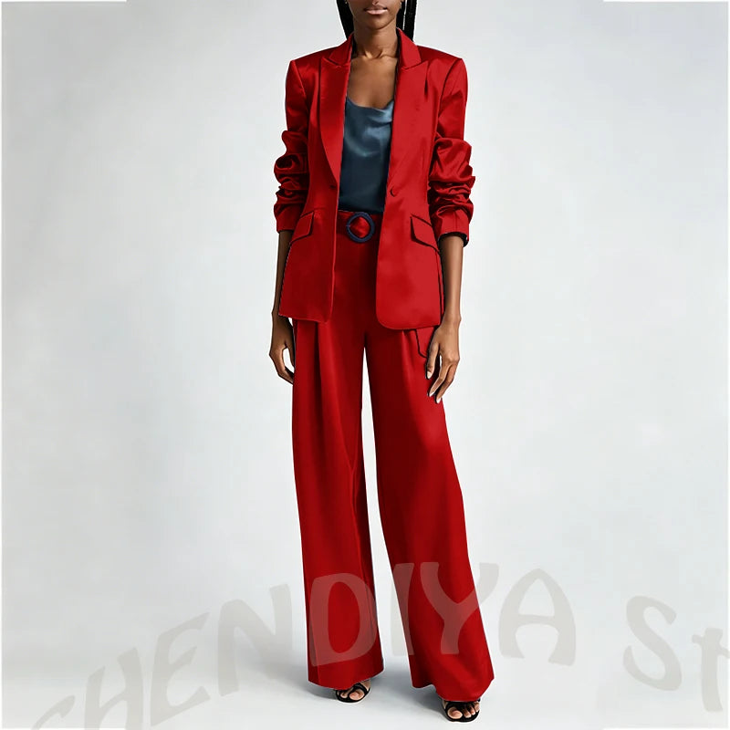 Women's Two Pieces Set Satin Peaked Lapel Elegant Fashion Single Button Straight Professional Tailor-Made Jacket with Pants