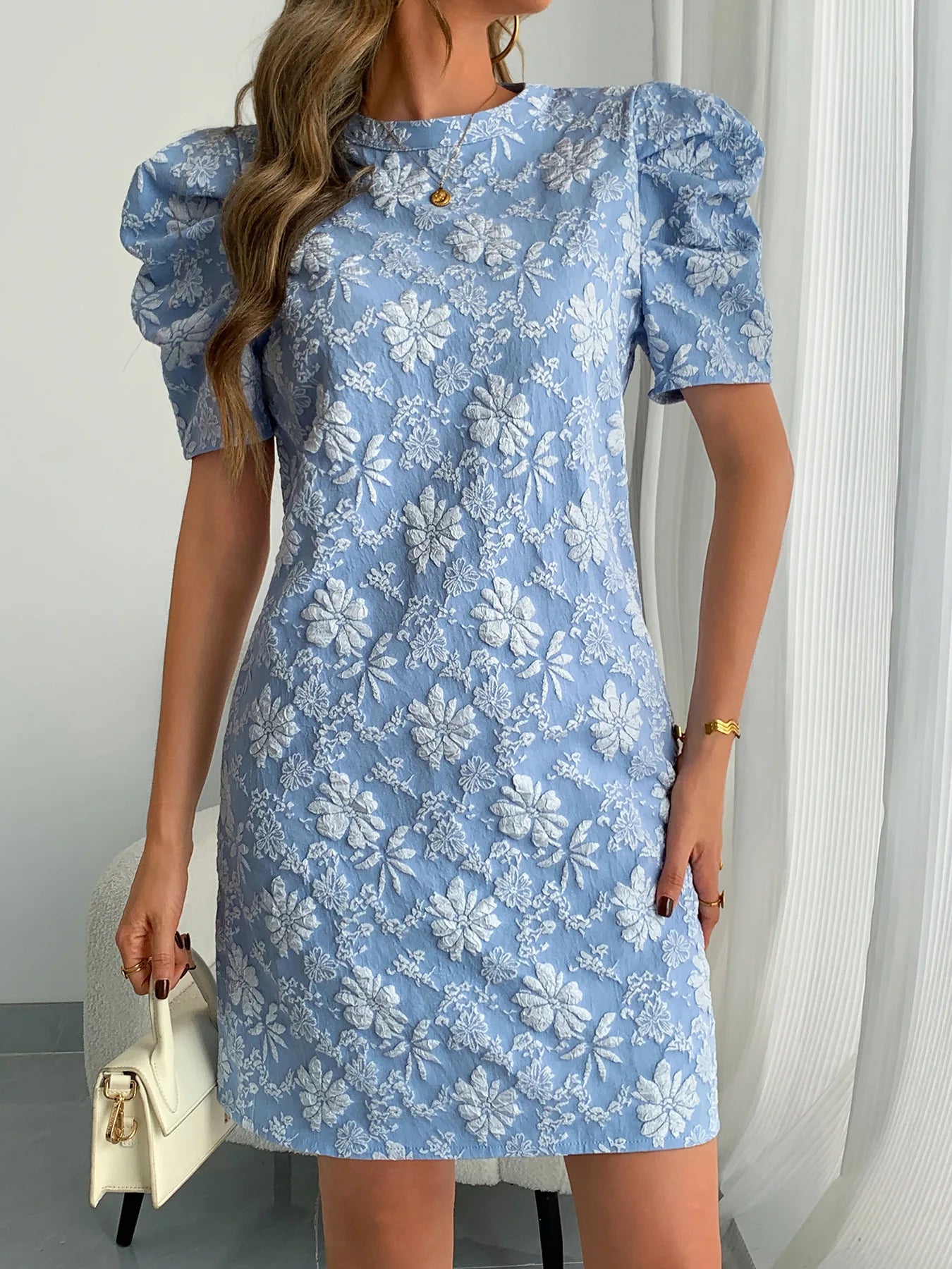 Textured Jacquard Puff Sleeve Midi Dress for Women