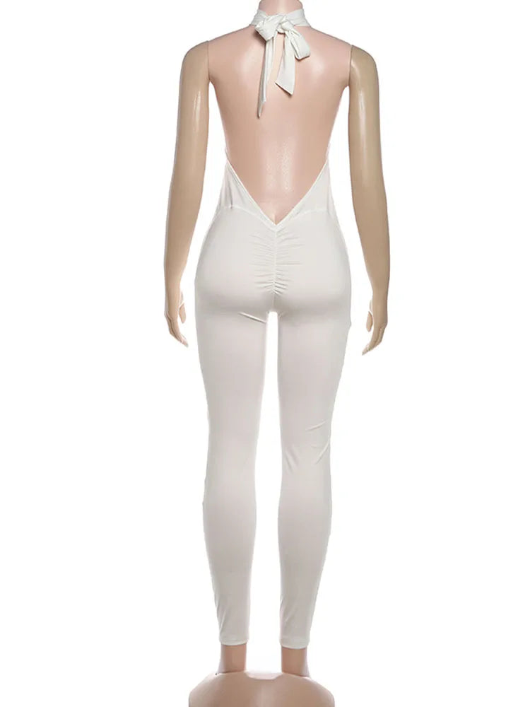 Peach Backless Halter Skinny Fit Jumpsuit for Women