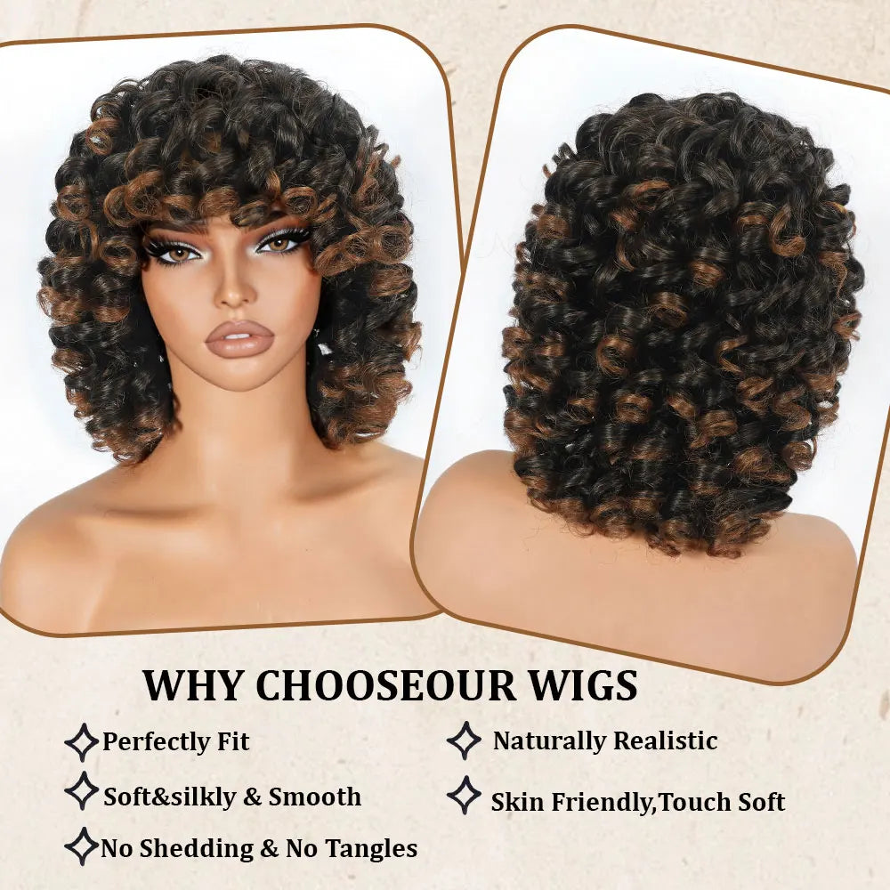 Glueless Ombre Brown Afro Curly Synthetic Wig for Women