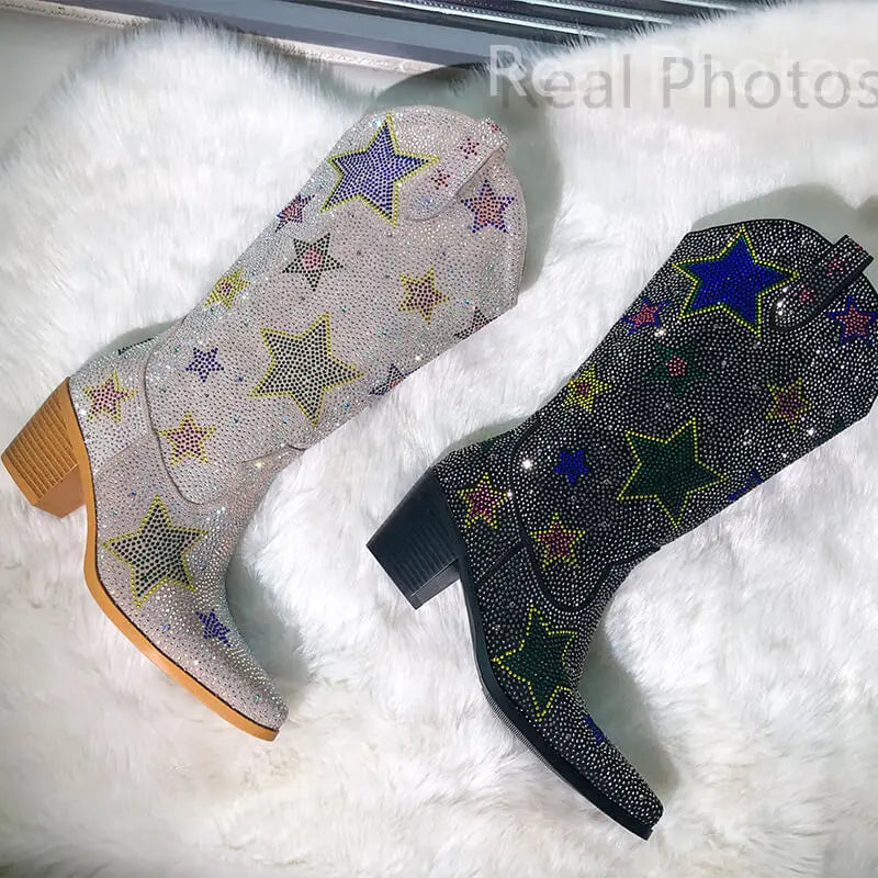 Rhinestone Lace Up Mid Calf Western Boots for Women