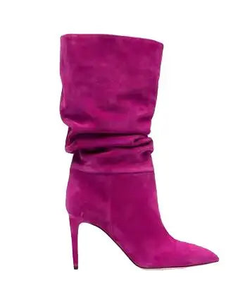 Slip On Pleated Suede Pointed Toe Thin Heel Mid Calf Boots for Women